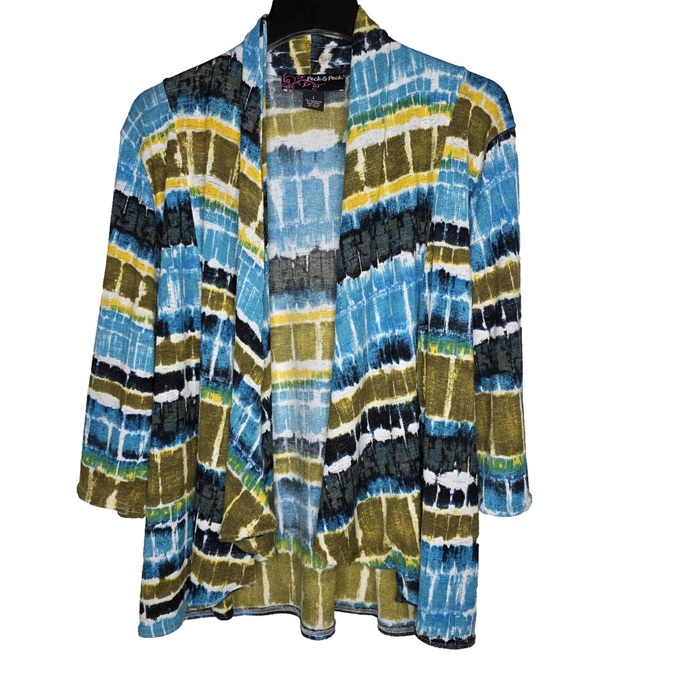Peck & Peck Womens L Open Front Cardigan MultiEarth Colors 3/4 Sleeve Stretch